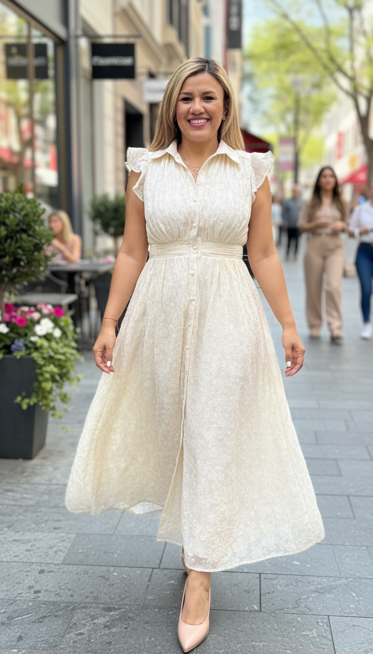 Vestido Largo Color Ivory Bordado con Botones